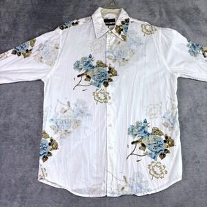 7 Diamonds  Women's Size L White Blue Floral Cotton Button Up Shirt Western Boho